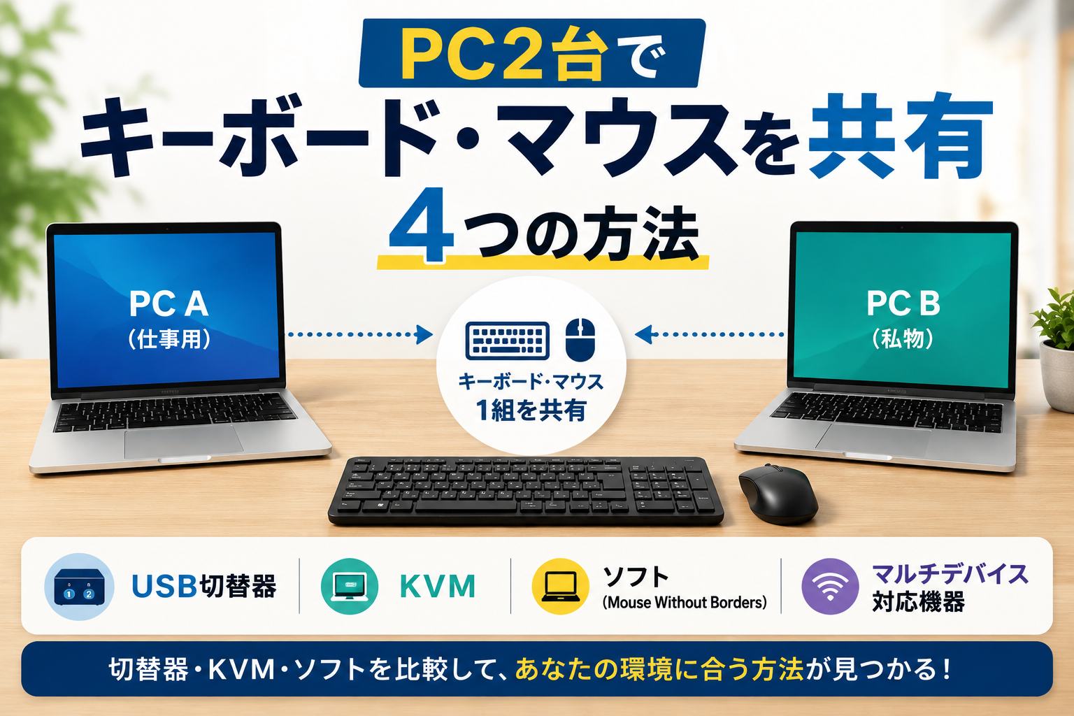 PC2台でキーボード・マウスを共有する4つの方法