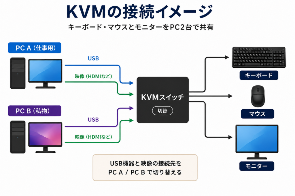 PC2台でキーボード・マウスとモニターを共有するKVMの接続イメージ