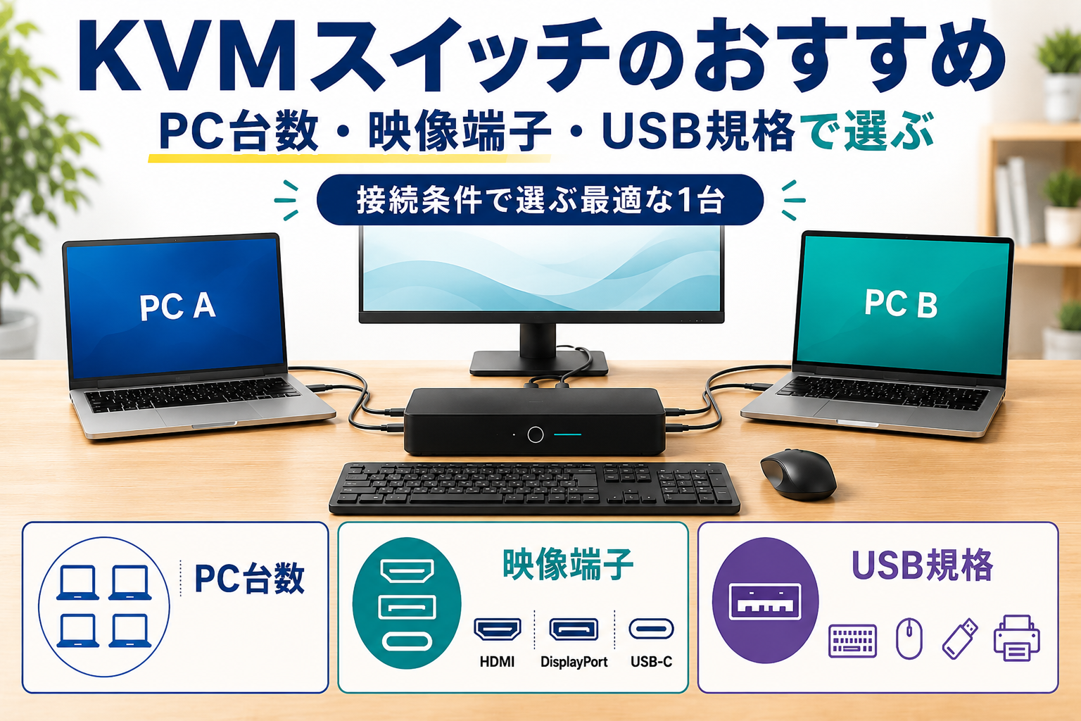 PC台数・映像端子・USB規格の条件からKVMスイッチを選ぶ流れを示す図
