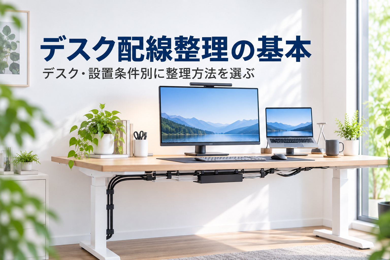 整理されたデスク周りの配線と、デスクの条件に合わせて配線整理の方法を選ぶイメージ