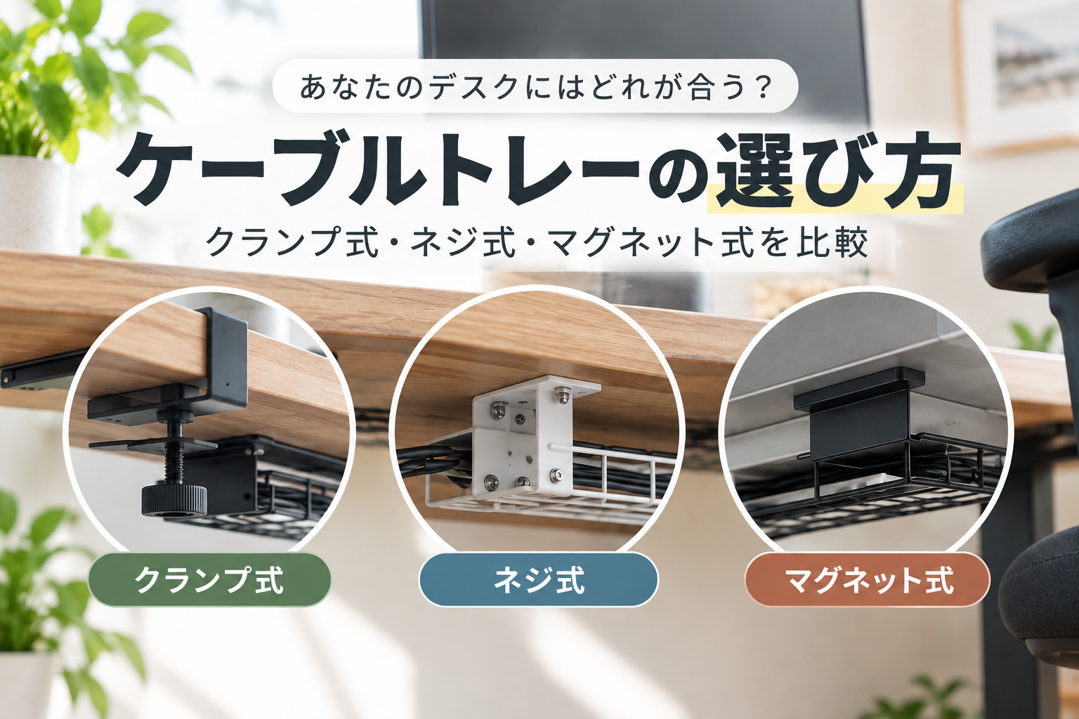 クランプ式・ネジ式・マグネット式の3つの取り付け方式を、デスク条件から選ぶ記事だと伝えるアイキャッチ