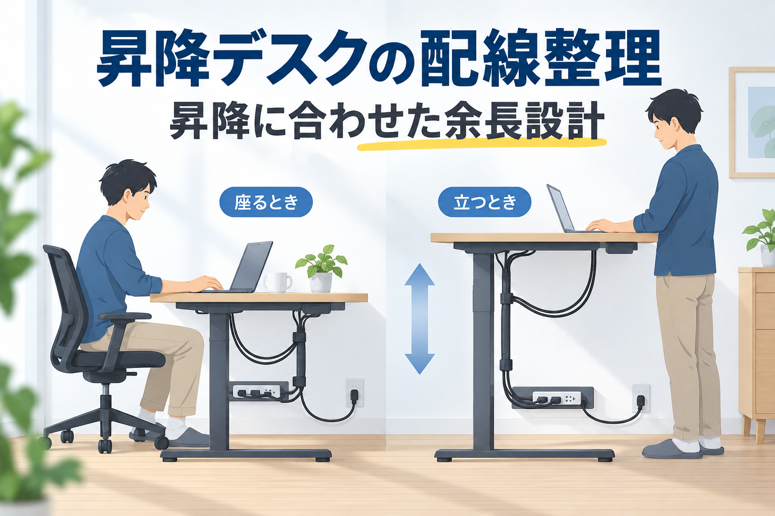 昇降デスクの低い位置と高い位置で、電源タップ付近のケーブル余長が変化する様子を示すイラスト