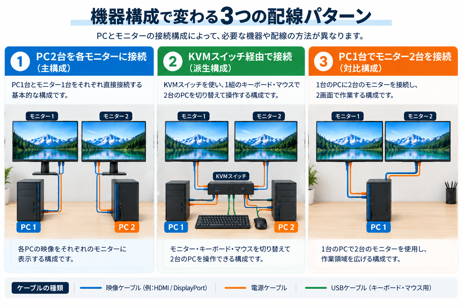PC2台・モニター2台の主構成・派生構成・対比構成という3パターンの接続関係と、電源線・信号線の交差を示す図
