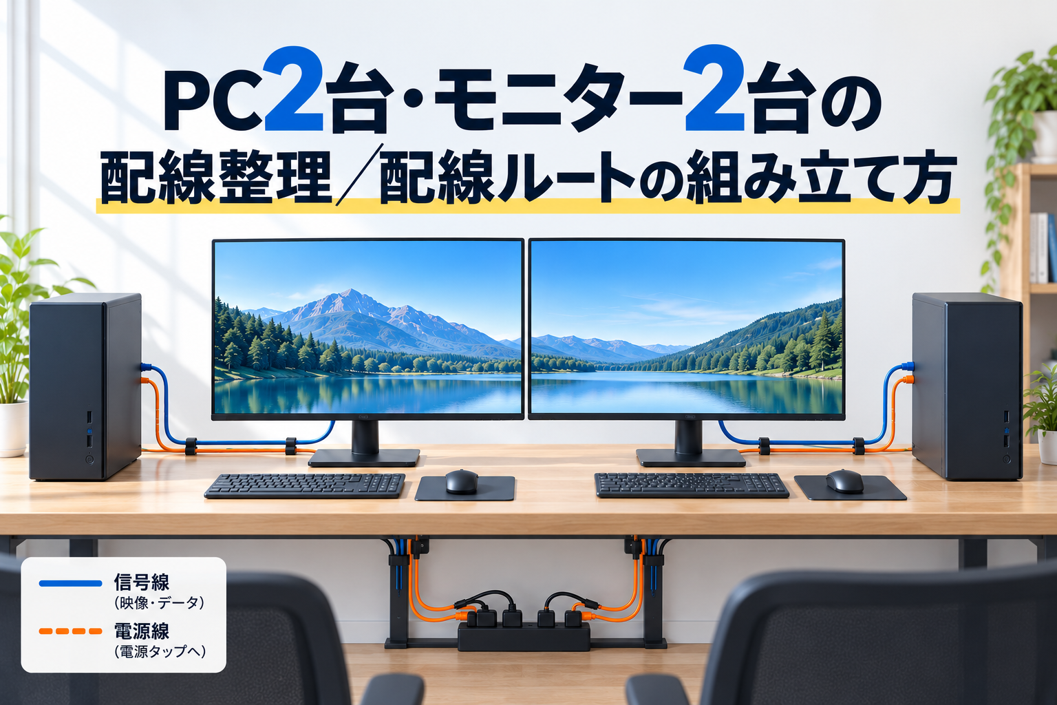 PC2台がそれぞれ専用モニターへ信号線で接続され、両PC・両モニターの電源線が電源タップへ集約する様子を示すイラスト