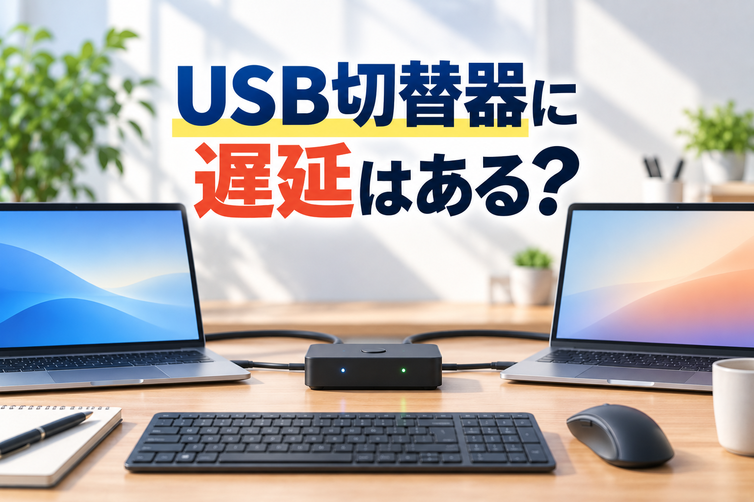 明るいデスク環境にUSB切替器と2台のPC、キーボード、マウスを配置したイメージ