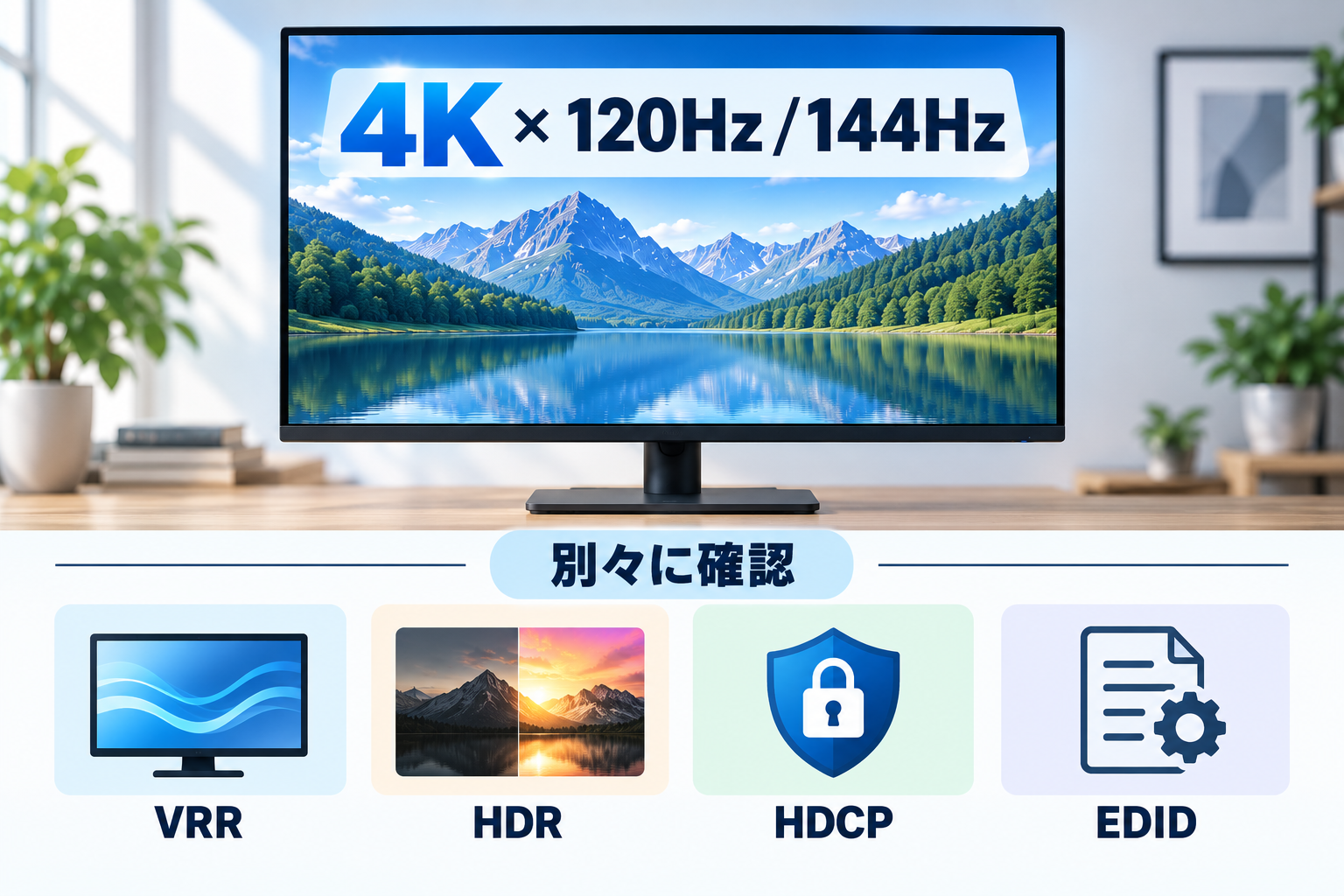 4K120Hz・144Hz対応とVRR・HDR・HDCP・EDIDの確認を別軸として示した図