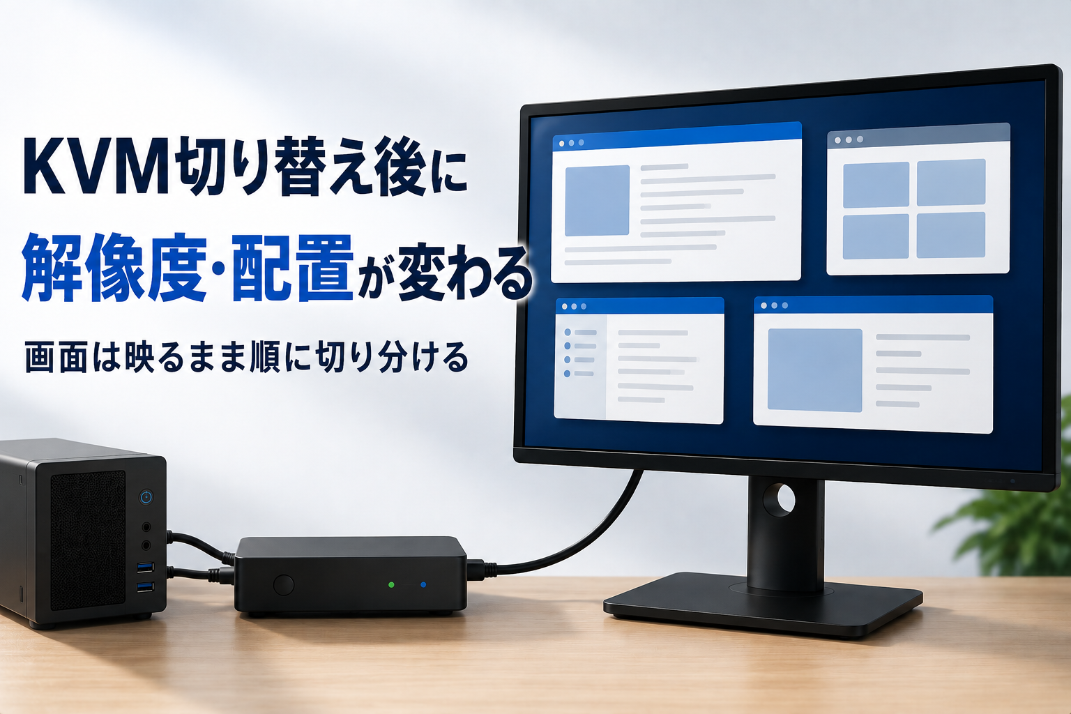 映像は表示されたまま、デスクトップとウィンドウの配置が切り替え前と変わっているモニターを示し、KVM切り替え後に解像度や画面配置が変わる症状を順番に切り分ける記事のアイキャッチ