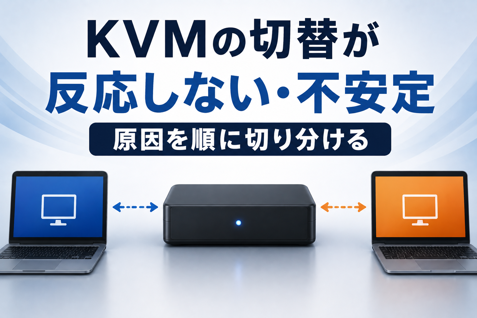 generic なKVMスイッチと2台のPC（PC A / PC B）の間で切替先の選択が確定せず揺らいでいる様子を示し、KVMの切替操作そのものが反応しない、または不安定になる症状を順番に切り分ける記事のアイキャッチ