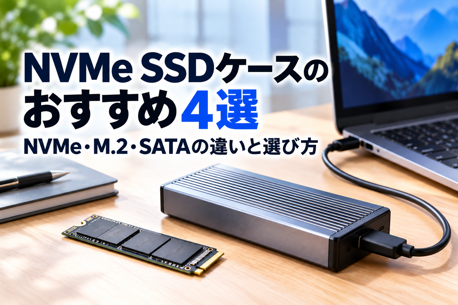 NVMe SSDケースのおすすめ4選とNVMe・M.2・SATAの違いと選び方を示すアイキャッチ画像