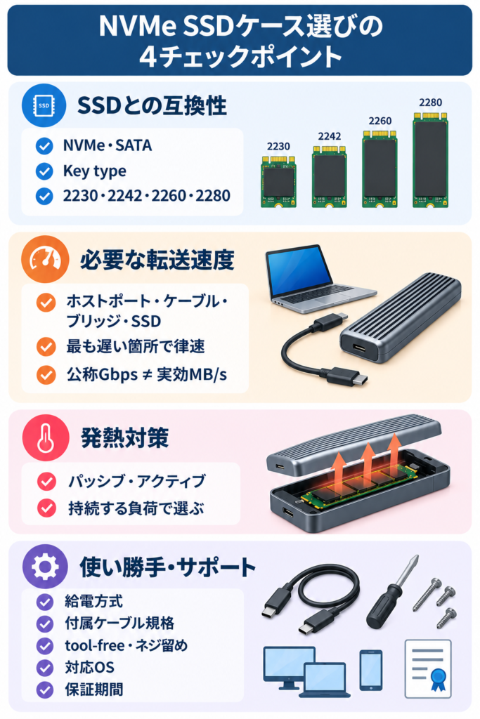 NVMe SSDケース選びで確認するプロトコル適合・転送速度・発熱対策・使い勝手のチェックポイントを整理した図解