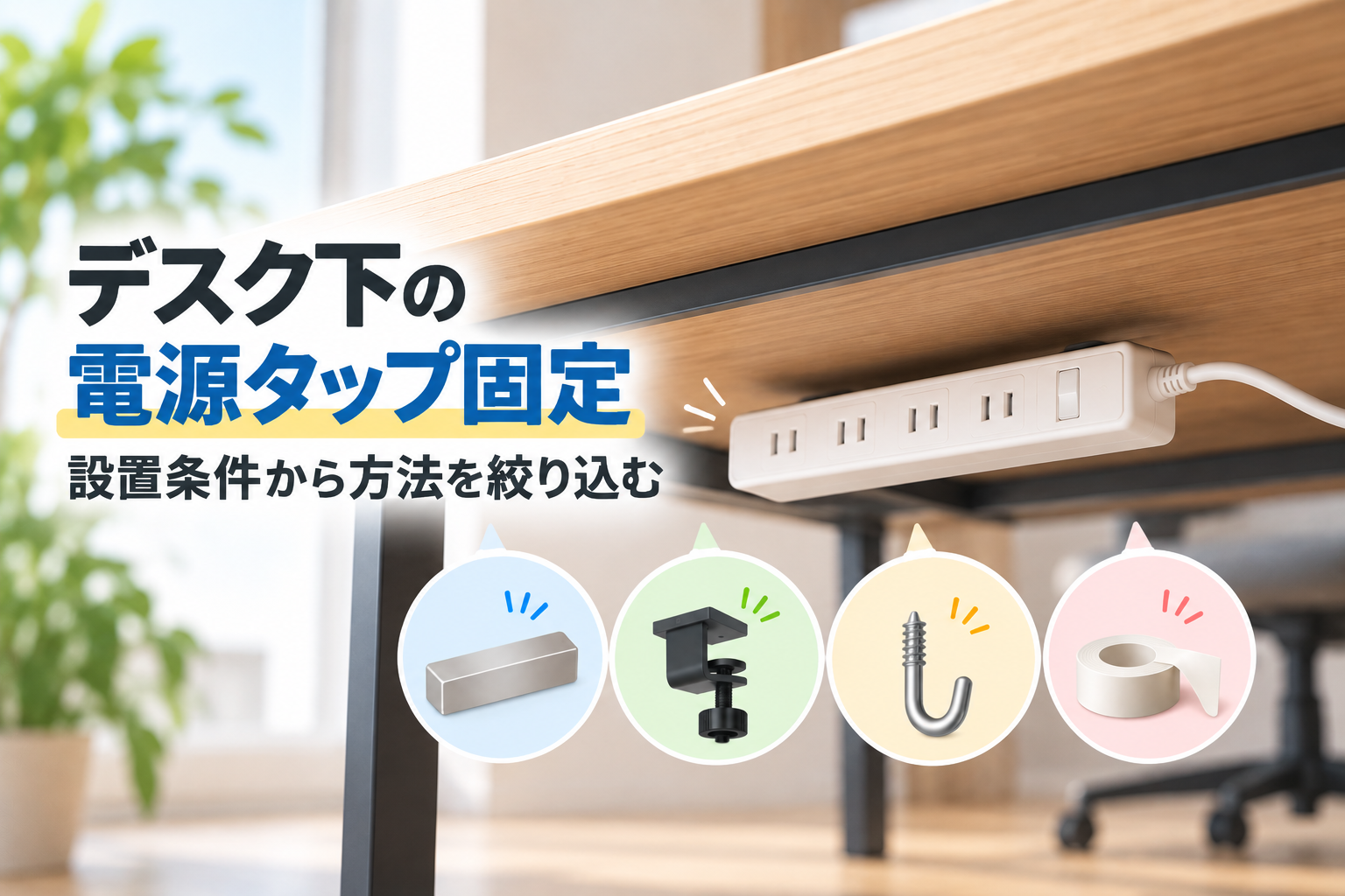 デスク天板裏の電源タップ周囲に、磁石・クランプ・ネジ・粘着テープを表す4つの汎用アイコンを並べ、設置条件から固定方法を絞り込むイメージ