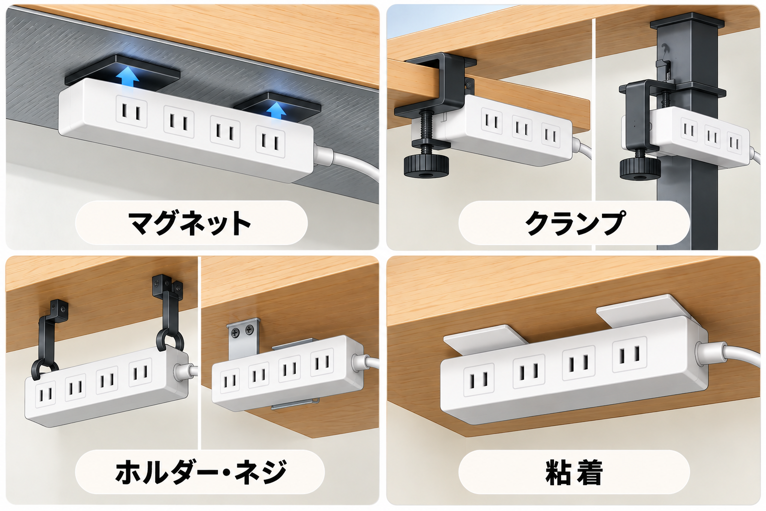 マグネット・クランプ・ホルダー・ネジ・粘着という4つの電源タップ固定方式を2行2列の同格レイアウトで並べ、各方式の固定先・固定条件の違いを示す図