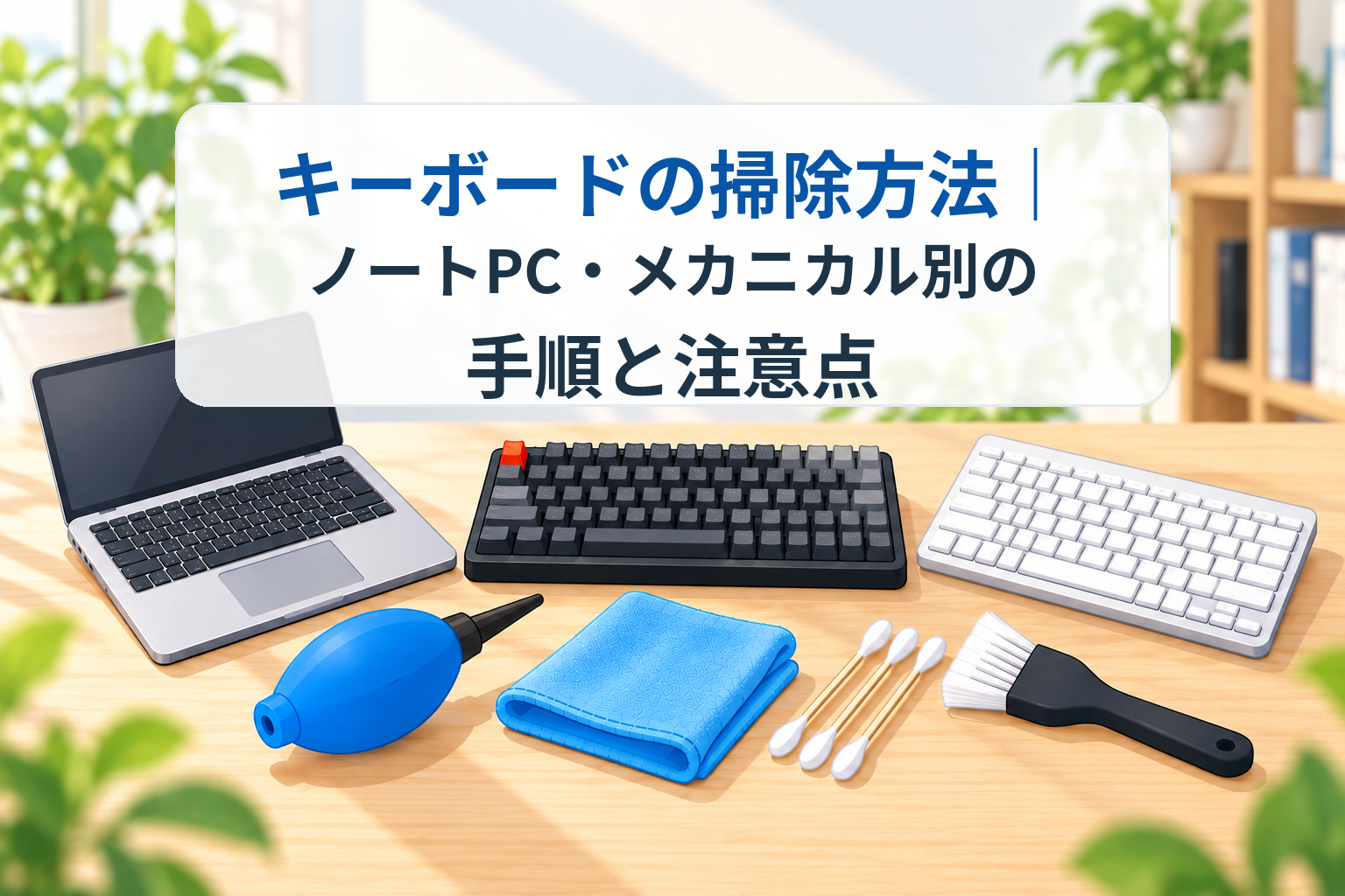 ノートPC・外付け・メカニカルキーボードと清掃道具のイラストと「キーボードの掃除方法｜ノートPC・メカニカル別の手順と注意点」の文字