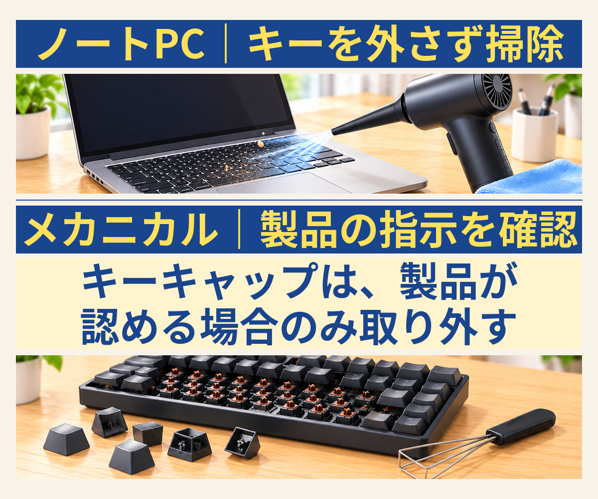 ノートPCはキーキャップを外さずに掃除し、メカニカルキーボードは製品が取り外し可能と認める場合のみキープラーで取り外すことを示す上下2段の比較イラスト