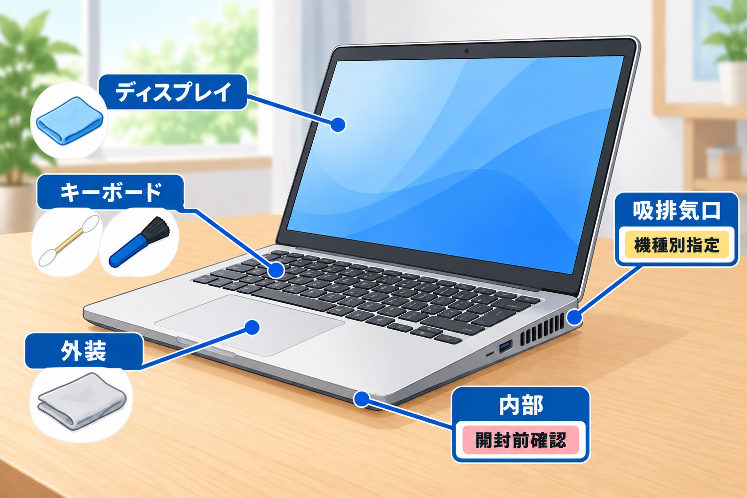 右前方3/4視点のノートPCに外装・ディスプレイ・キーボード・吸排気口・内部の5つの場所ラベルを示し、外装・ディスプレイ・キーボードには基本の道具アイコンを、吸排気口には「機種別指定」、内部には「開封前確認」のタグを添えた図