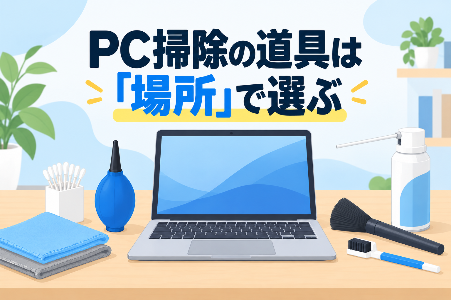 PC本体の周囲に柔らかいクロス・綿棒・ブロワーとブラシ・圧縮空気スプレーなど複数の清掃道具を中立的に配置し、「PC掃除の道具は「場所」で選ぶ」の文字を示すイラスト