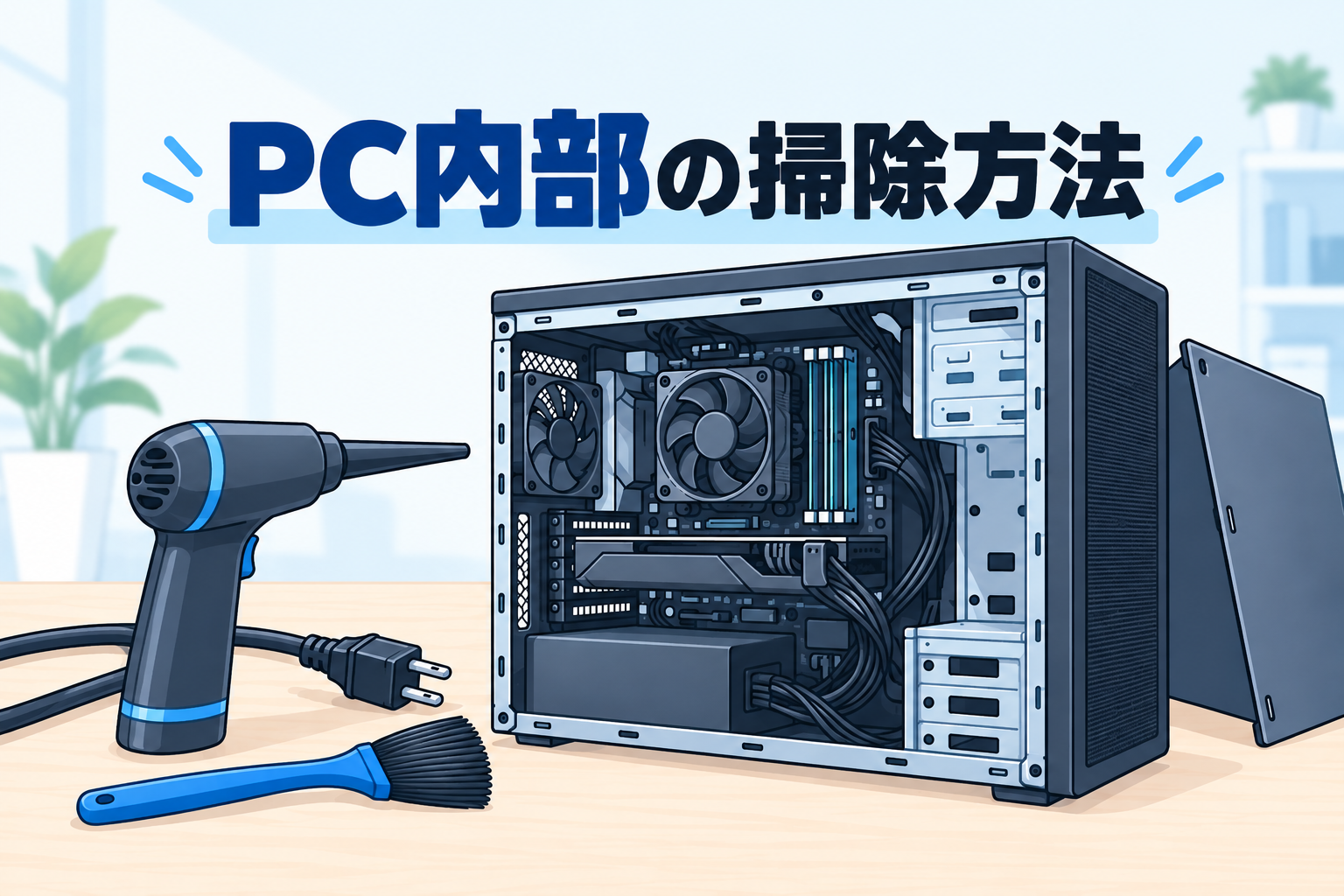 電源ケーブルを外した開放状態のデスクトップPC本体を主役に、抜いた電源ケーブルとエアダスター・ブラシを補助要素として配置し、「PC内部の掃除方法」の見出し文字を示すイラスト