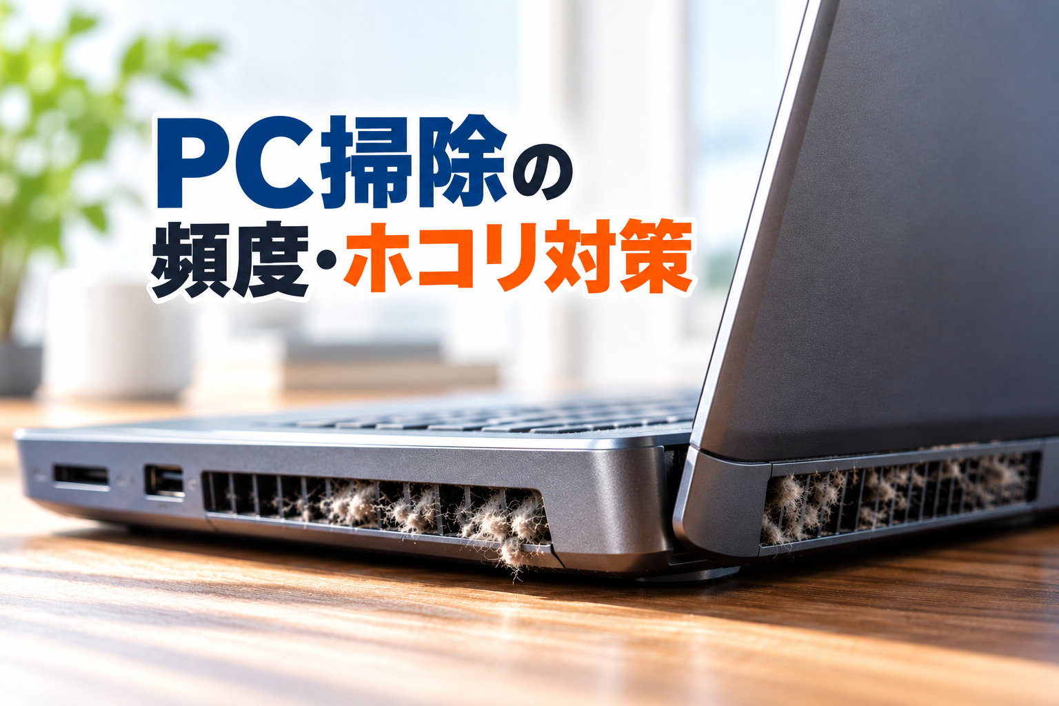ノートPCの通気口周辺にホコリがたまった様子と『PC掃除の頻度・ホコリ対策』の見出し