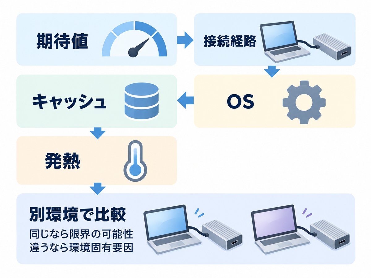 「遅い」の基準確認→接続経路→OS設定→キャッシュ枯渇→発熱の順に原因候補を確認し、最後に別環境で比較してハードウェア限界か環境固有要因かを切り分ける診断フロー図