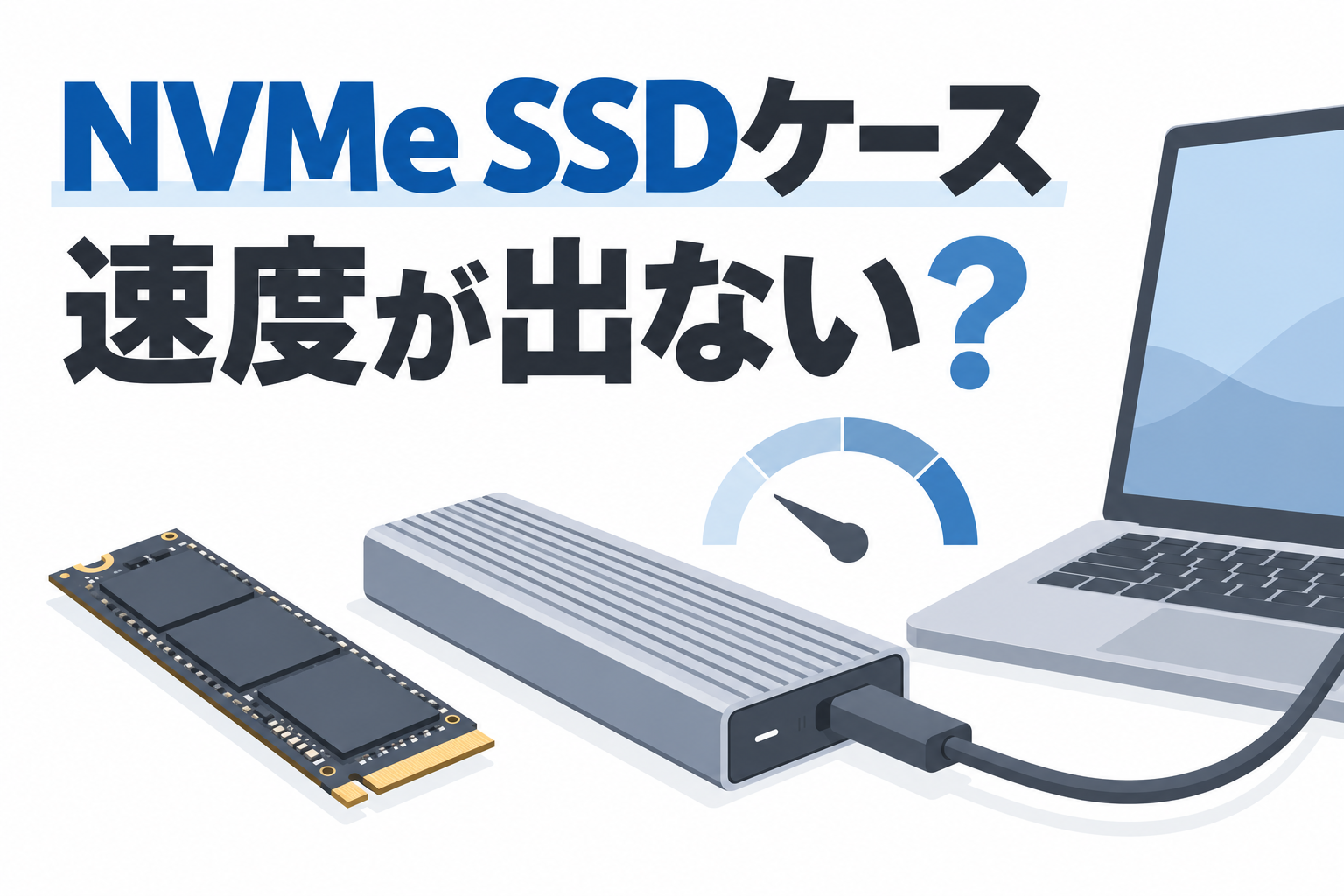 NVMe SSDと外付けケースをUSB-Cケーブルで接続し、低速域を指すspeedometerとともに「NVMe SSDケース｜速度が出ない？」の文字を示した図