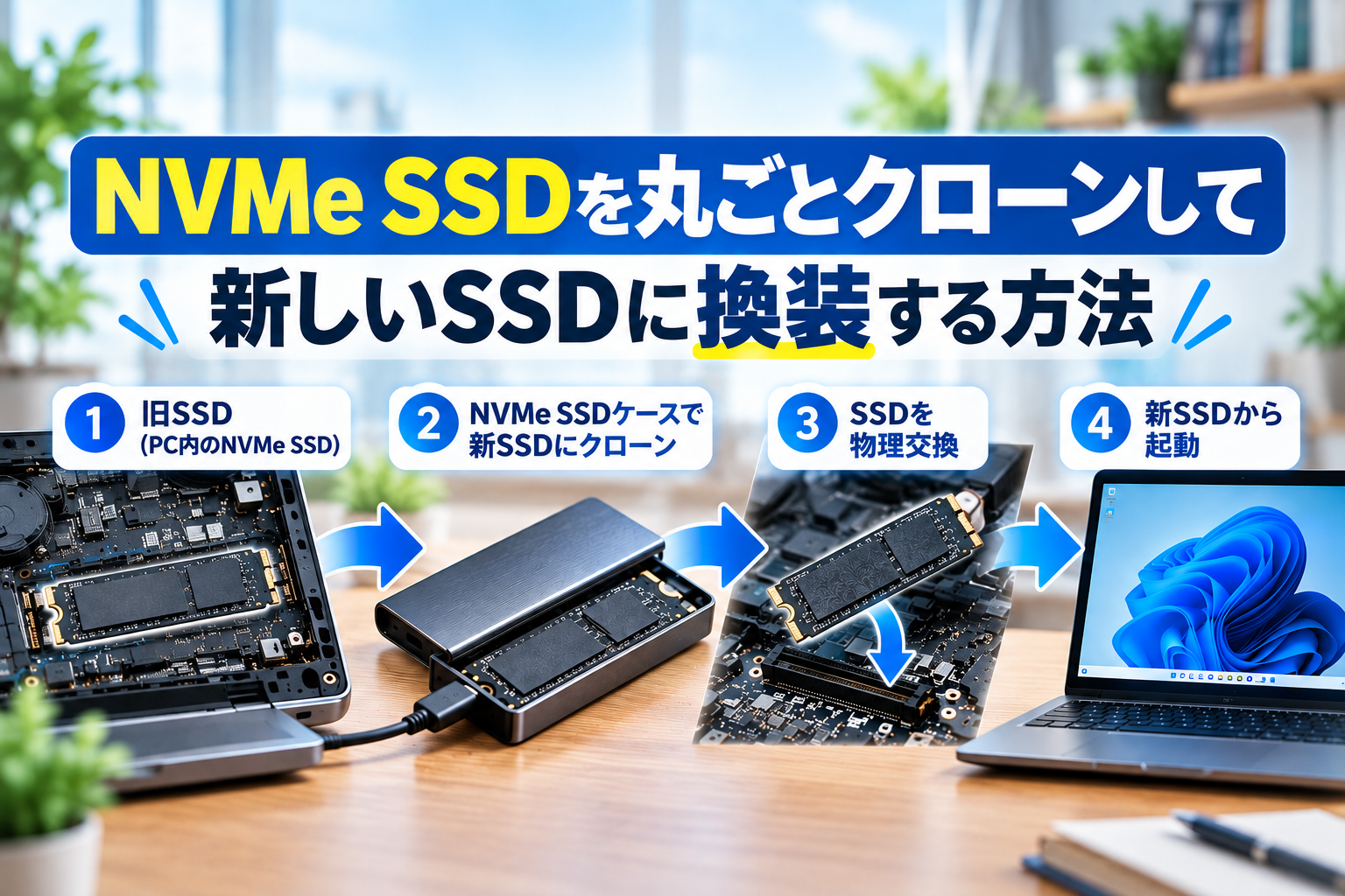 M.2 SSDをNVMe SSDケースでクローンして換装する手順のイメージ